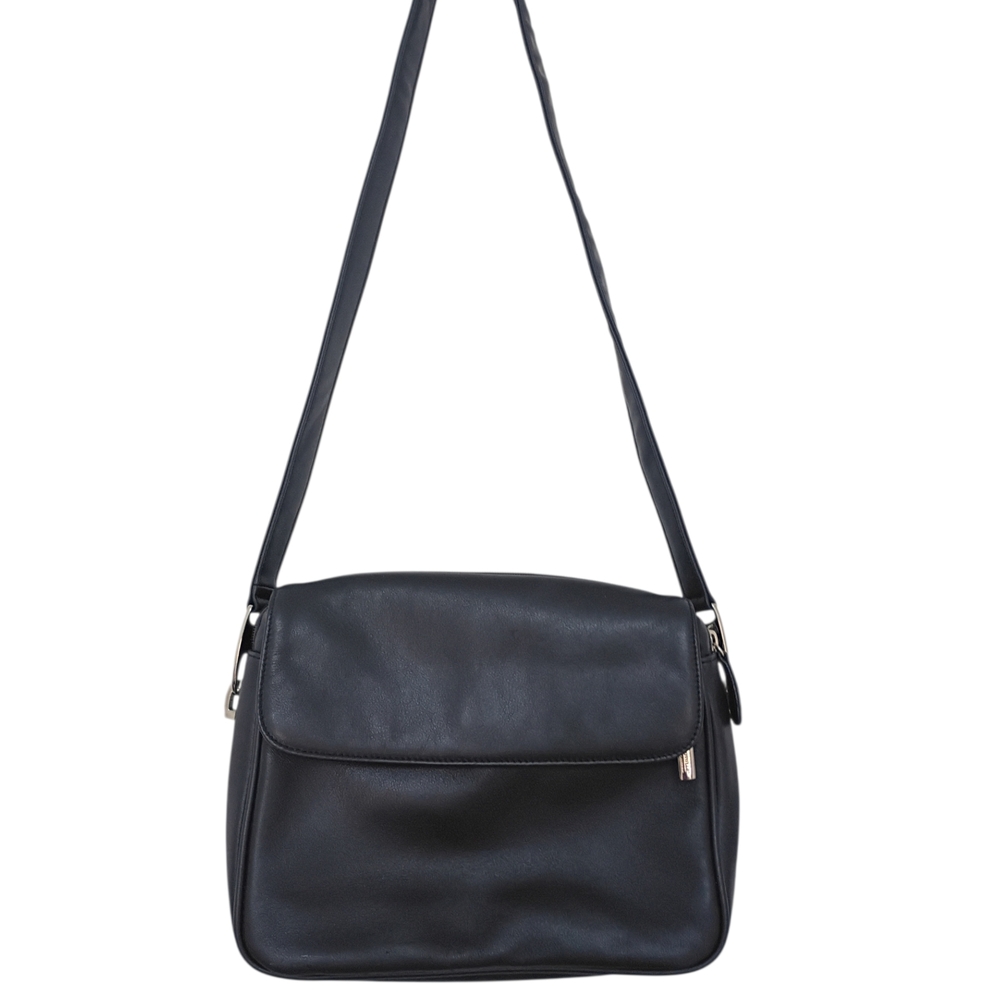 Black Leather Crossbody Shoulder Bag with Silver Accents